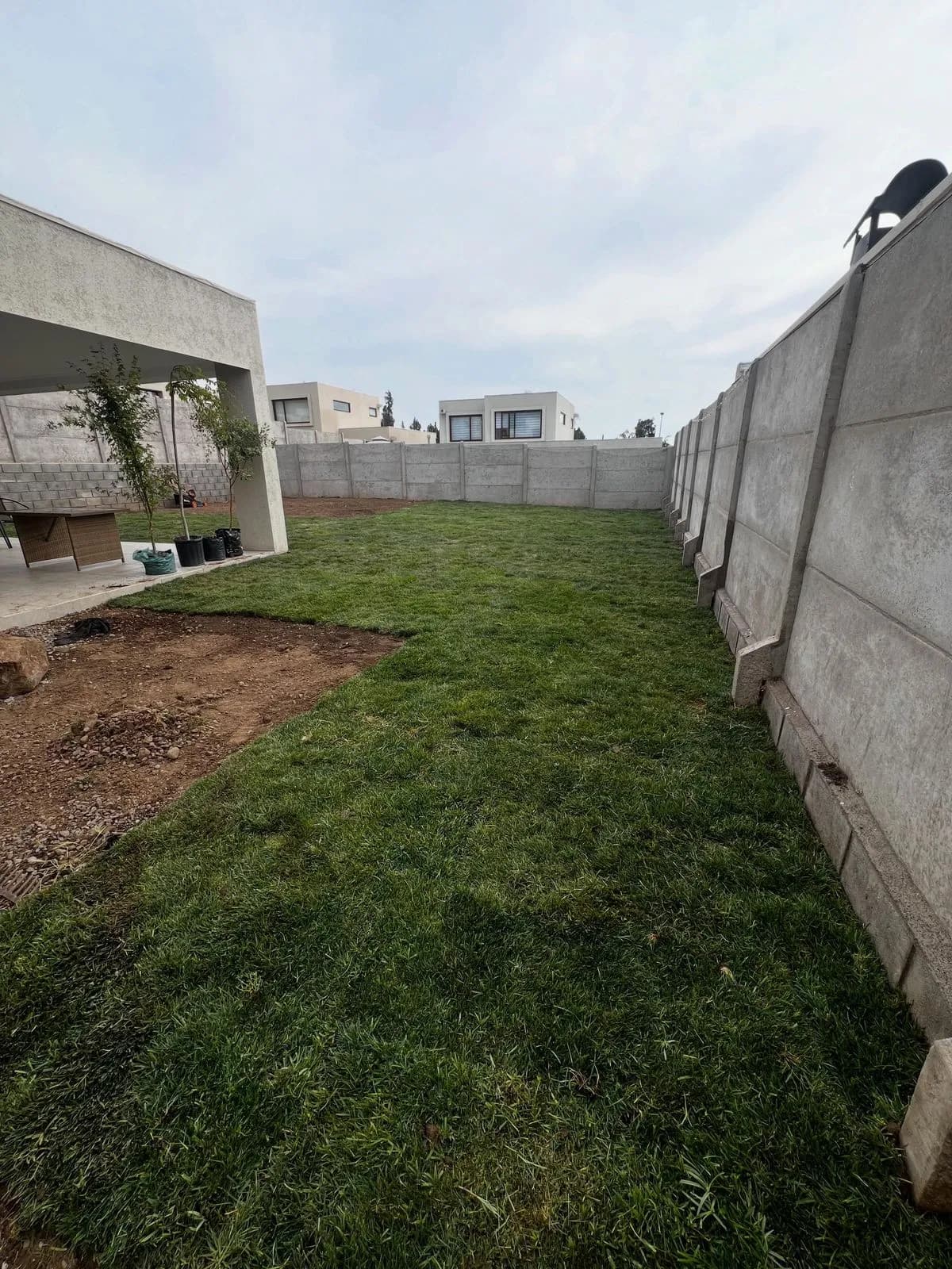 Jardín lateral alargado con pasto natural recién instalado entre la terraza de la casa y el muro perimetral